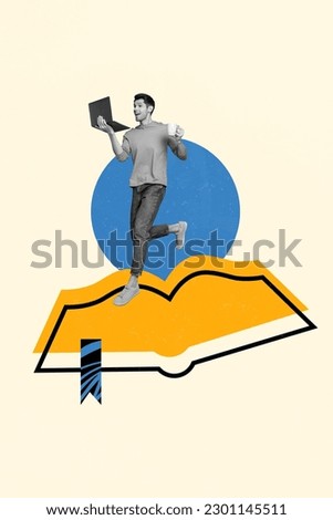 Vertical composite collage picture of young diligent student man study university remote ebook with laptop isolated on sketch background