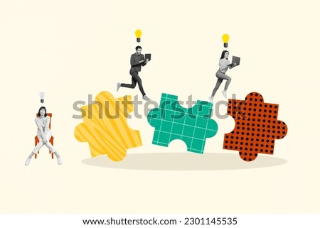 Collage picture illustration of teamwork puzzles brainstorming together two people while intern girl no ideas isolated on beige background