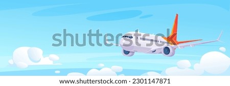 An airplane flying over clouds in a blue sky. Commercial airliner in cartoon style. Vector illustration of a passenger jet traveling on vacation. Poster of a modern aircraft and commercial aviation. Royalty-Free Stock Photo #2301147871
