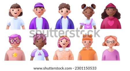 3D kid avatar set, cute face smile child icon, vector young school teen boy girl cartoon character. Diverse kindergarten head collection, happy student team portrait profile clipart. Kid avatar kit Royalty-Free Stock Photo #2301150533