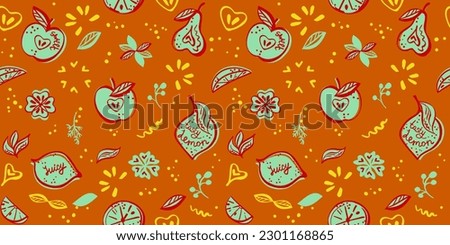 Vegan style seamless vector pattern with tropical fruits, vibrant fantasy colors