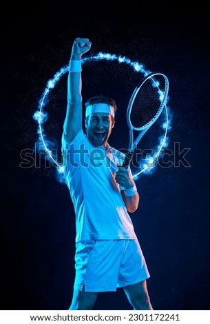 Tennis player with racket. Download a photo of a tennis player in a neon glow to advertise sporting events. Sports betting online in a mobile application.