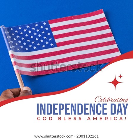 Composition of independence day text and african american man with flag of united states of america. Independence day, american patriotism and tradition concept digitally generated image.