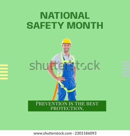 Composition of national safety month text over happy caucasian male worker with helmet. National safety month, business and celebration concept digitally generated image.
