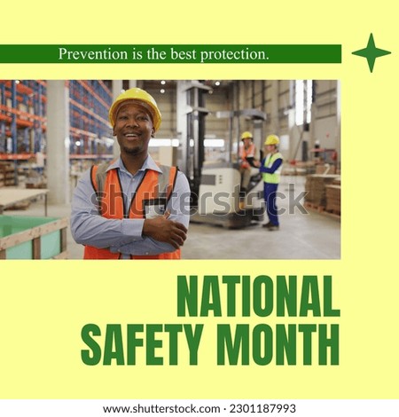 Composition of national safety month text over diverse male workers in warehouse. National safety month, business and celebration concept digitally generated image.