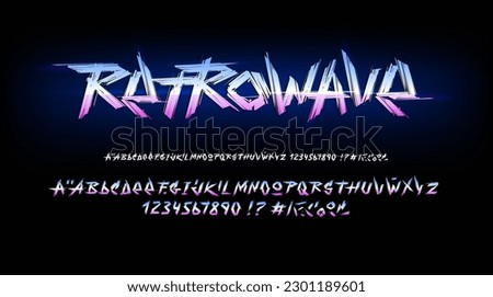 Retrowave - Retro Futuristic type font in 80s - 90s style with grunge brush alphabet set. Hand drawn chrome metal lettering set. Vintage Cyberpunk type font. Vector set for print tee and poster design Royalty-Free Stock Photo #2301189601