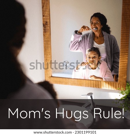 Composition of mother's day text over biracial mother with daughter brushing teeth. Mother's day, motherhood and family concept digitally generated image.