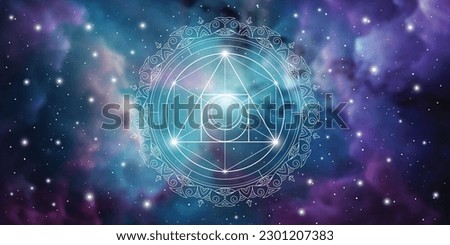 Philosopher stone. Sacred geometry spiritual new age futuristic illustration with transmutation interlocking circles, triangles and glowing particles in front of cosmic background. Royalty-Free Stock Photo #2301207383