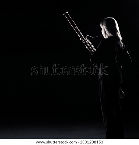 Bassoon woodwind instrument player. Classical musician woman playing orchestral bass. Wind instruments Royalty-Free Stock Photo #2301208153