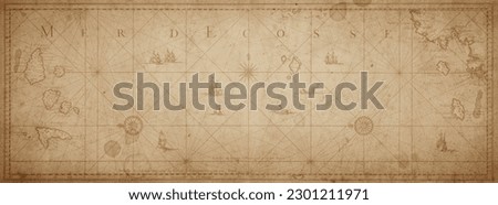 Old map collage background. A concept on the topic of sea voyages, discoveries, pirates, sailors, geography, travel and history. Effect of overlay on old texture of paper.    Royalty-Free Stock Photo #2301211971