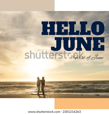 Composition of hello june text over african american couple by seaside. Hello june, summer and vacation concept digitally generated image.