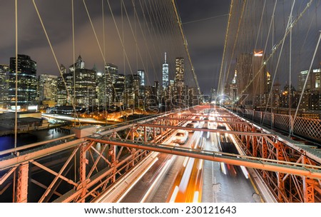 Manhattan skyline from the Brooklyn Bridge at night