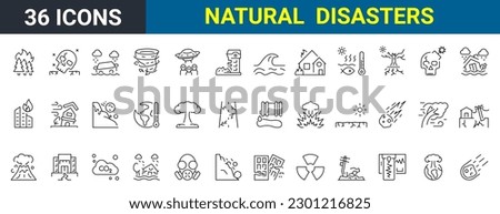 Natural disasters, pollution, related to evacuation, Apocalypse. editable stroke icons Vector illustration Royalty-Free Stock Photo #2301216825