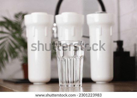 Glass of clean drinkable water and set of filter cartridges on wooden table top in a kitchen, houseplant.Installation of reverse osmosis water purification system. Concept household filtration system. Royalty-Free Stock Photo #2301223983