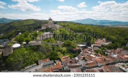 The Trenčín Castle is a castle above the town of Trenčín in western Slovakia. Beautiful drone view. Great drone photo of the castle.