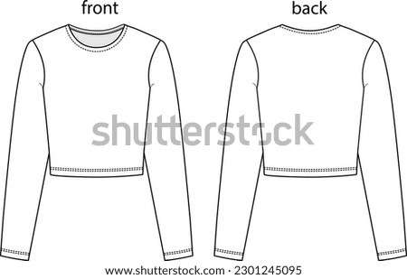 long sleeve, crew neck, crop, women's basic knitted top drawing template, basic piece of clothing, white color, tops cad, front and back mock-up view Royalty-Free Stock Photo #2301245095