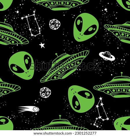 Seamless alien pattern. Hand drawn doodle background for twxtile, fashion wear, wrapping paper and more Royalty-Free Stock Photo #2301252277
