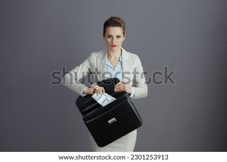 stylish 40 years old small business owner woman in a light business suit with briefcase and dollars money packs against grey background.
