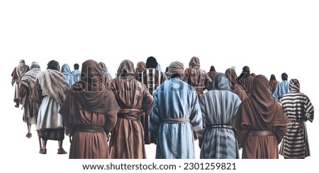 Apostles of Jesus Christ middle eastern men wearing colorful medieval clothing standing view from the back Royalty-Free Stock Photo #2301259821