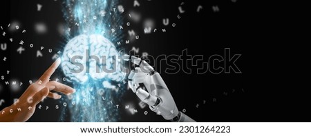 Brain Decoding concept, decode the brain activity and signal into dialog, AI neuroscience ability, artificial intelligence neural decoding. Aman and robot hands activate the decoder process Royalty-Free Stock Photo #2301264223