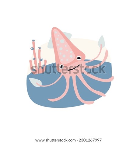 Cute cartoon sea pink squid on color background, flat style illustration.