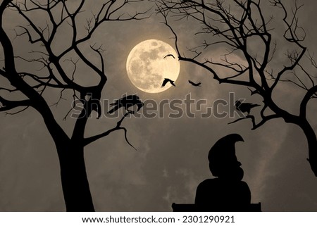 A silhouette of a young witch sitting in a chair under a leafless tree with crows surrounding it at a full moon night.