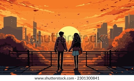 A cute anime manga couple taking a stroll through a vibrant hand in hand Royalty-Free Stock Photo #2301300841