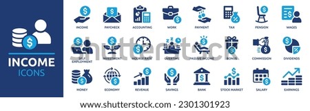 Income icon set. Containing money, tax, earnings, payment, accounting, paycheck, work, pension and wages icons. Solid icon collection. Vector illustration. Royalty-Free Stock Photo #2301301923