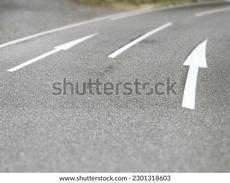 Wavy white line center line and two arrows on a curving road