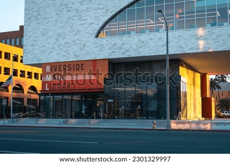 Riverside main library, golden hour street view