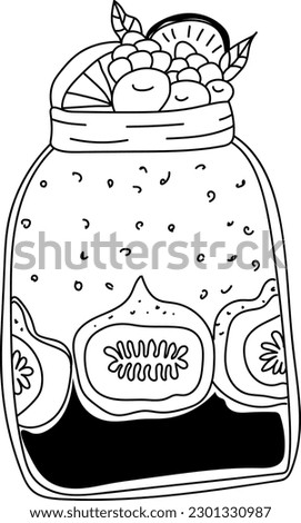 Vector. Sweet dessert in a jar with fruits, berries, Doodle style.