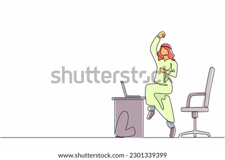 Continuous one line drawing happy Arab businessman jumping and dancing on his workplace. Male manager celebrating success of increasing company's product sales. Single line draw design vector graphic