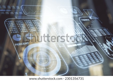 Double exposure of abstract virtual statistics data hologram on modern skyscrapers background, statistics and analytics concept