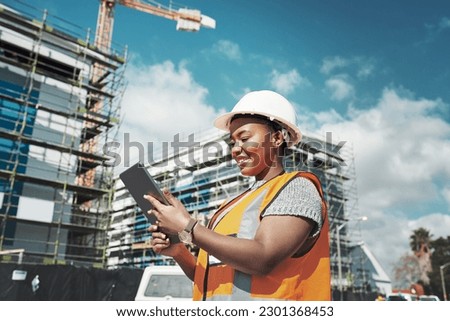 Outdoor, business an black woman with a tablet, construction site and update schedule for new project. Female person, employee or inspector with technology, check progress or architecture with growth