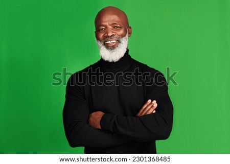 Happy, arms crossed and portrait of black man on green screen for confident, fashion and elegant style. Happiness, smile and senior with male model isolated on studio background for pride and mockup