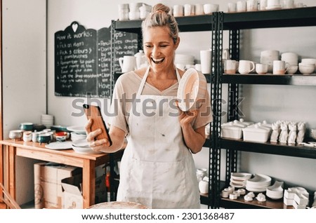 Happy woman, pottery and selfie in small business for social media, advertising or vlog at store. Female person or retail owner smiling with clay bowl for photo or online post on mobile smartphone