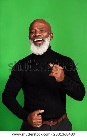 Happy, dance and portrait of black man on green screen for celebration, music or excited. Happiness, smile and energy with senior person dancing isolated on studio background for freedom and movement