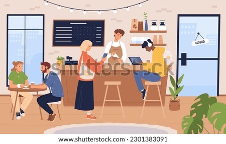 People in coffee shop vector illustration. Barista and customers inside cozy local cafe interior. Men and women drink coffee and tea in cafeteria or coffeehouse, bakery. Royalty-Free Stock Photo #2301383091