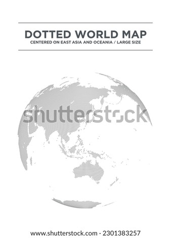 black and white spherical dot map centered on East Asia and Oceania. large size. Royalty-Free Stock Photo #2301383257