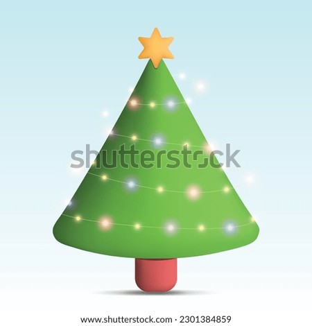 Christmas tree with star and colored lights. Clay style cartoon. 3D vector illustration isolated on blue background.