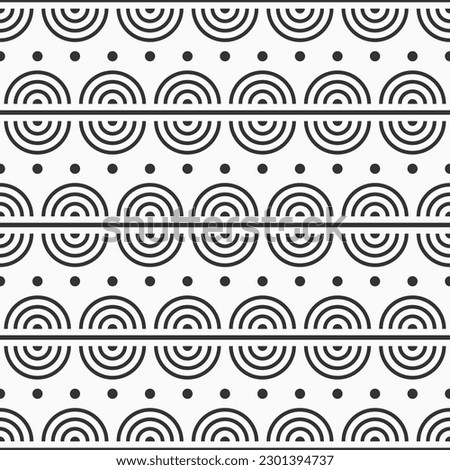 Abstract seamless half circles, dots, lines vector pattern. Tribal seamless ornament. Minimalistic seamless pattern with arcs. Vector black and white background.
