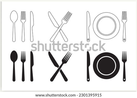 Set of fork, knife, and spoon. Logotype menu. Set in flat style. Silhouette of cutlery. Vector illustration Royalty-Free Stock Photo #2301395915
