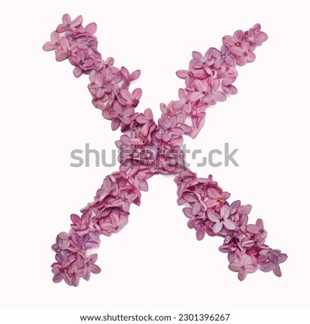 The letter X made of lilac flowers.  Square photo with white background.