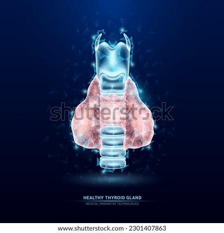 Human thyroid gland and trachea white translucent low poly triangles on dark blue background. Futuristic glowing organ anatomy. Innovative technology. Health care medical and science concept. Vector. Royalty-Free Stock Photo #2301407863