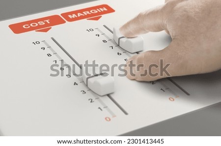 Hand moving a slider to lower cost and increase margin. Sales price strategy. Royalty-Free Stock Photo #2301413445