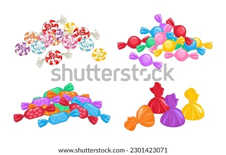 Set of heaps of candies in colorful wrappers. Vector illustration of bright sweets. Royalty-Free Stock Photo #2301423071
