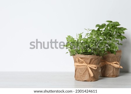 Different aromatic potted herbs on white wooden table. Space for text Royalty-Free Stock Photo #2301424611