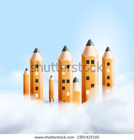 Pencils like city buildings surrounded by clouds, vector illustration.