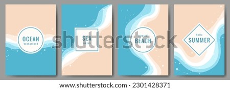 A set of posters on a summer sea theme. Sea, beach, sand, coastline, top view. Frame with text. Vector image. Design for card, invitation, banner, brochure cover, book. Royalty-Free Stock Photo #2301428371