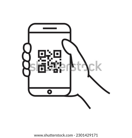 QR code scanning icon in smartphone. hand holding Mobile phone in line style, barcode scanner for pay, web, mobile app, promo.